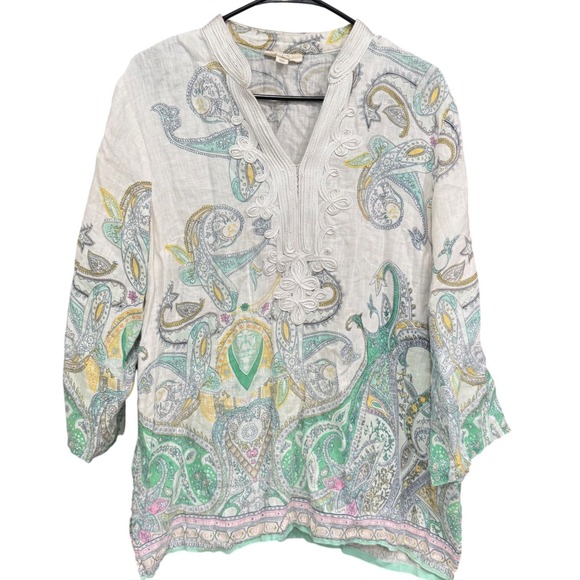 Linen Charter Club Luxury Paisley Embroidered V Neck Top Blouse L - Picture 1 of 7